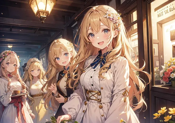 A beautiful girl with facial features resembling the provided image, laughing joyfully with her friends in a lively city reminiscent of "Trails in the Sky." Her long, golden blonde hair is styled in loose waves, adorned with delicate flower pins. The atmos...