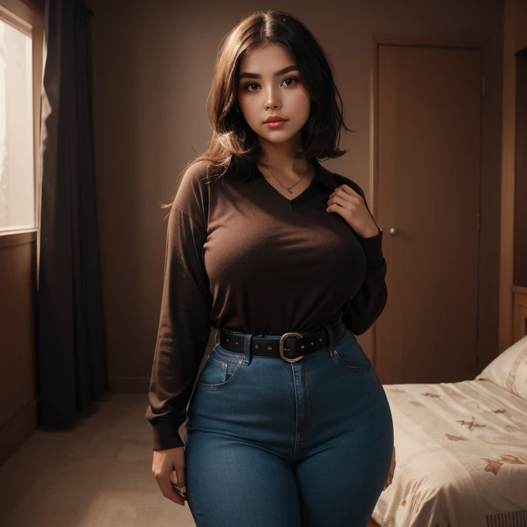 90s dark vintage Mexican film style, A cute nerdy petite short skinny super fat hips emo latina teen, short beautiful volumetric emo style hair, beautiful detailed brown eyes, cutely detailed lips, extremely cute detailed eyes and face, slightly busty, wid...