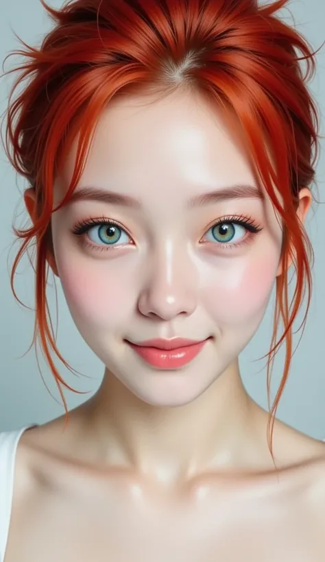 Close-up:
woman, white pele, Eyes color blue and green, thin and pink mouth, spiky red hair,  Delicate Makeup, exposed shoulders, He is smiling,  plain background.
32K , HDR, UHD, intricate detail, extremely intricate detail, hyperrealistic, extremely real...