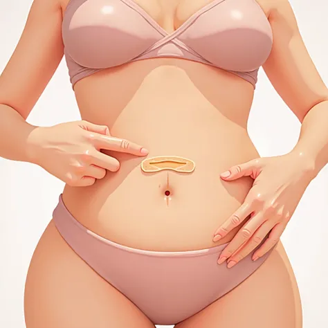 a close-up of a womans belly close to the navel with her pointing with her hand to a horizontal scar caused by a siroma, i need a digital illustration of this image like a cartoon image.
Five fingers