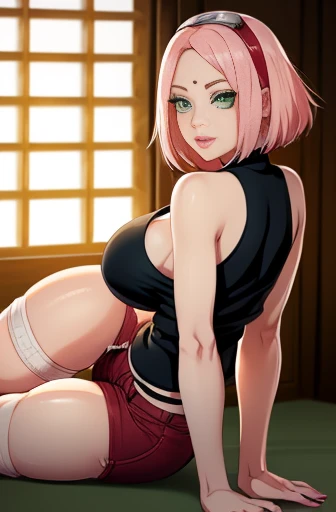 SAKURA, 1girl, sakura haruno, solo,masterpiece, solo, (best quality,  beautifully detailed face, detailed eyes), glistening shiny, ray tracing,HDR, gradient eyes, sharp eyelashes, ((eyelashes)), mascara, detail_face, eyelashes, shiny hair, seductive smile,...