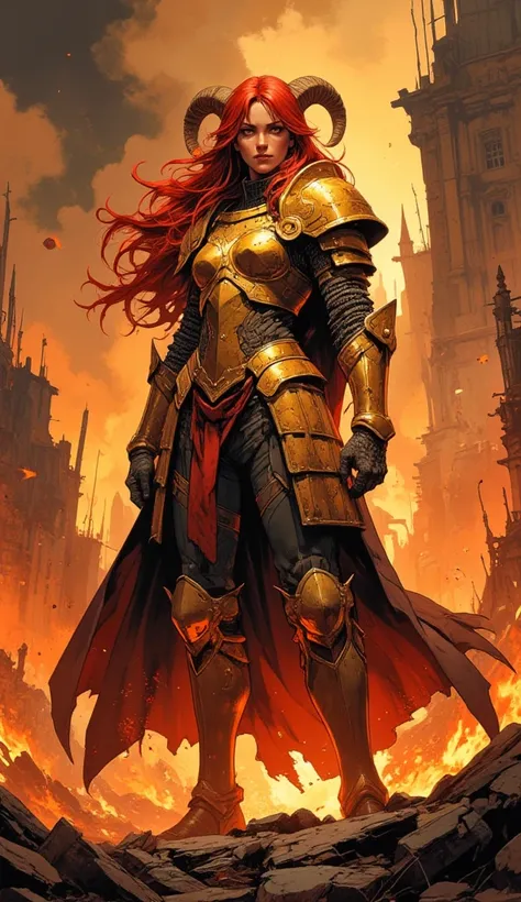 Score_9, score_8_up, score_7_up, In a smoldering battlefield, a magnificent female knight stands tall, her long flowing red locks aglow in the fiery light. Her eyes, like amber embers, burn with determination as she surveys the ruins around her. The golden...