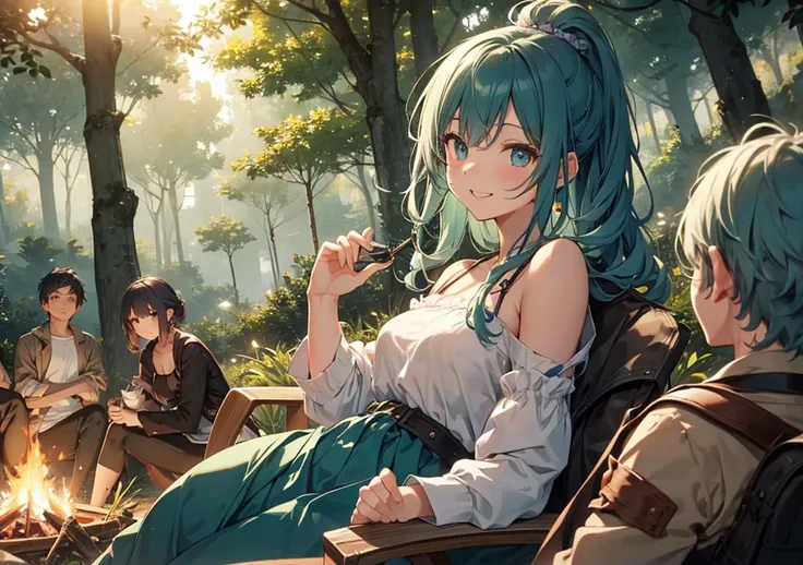 A charming girl with delicate features like the uploaded image, sitting around a campfire with her group of adventurers in a lush park within a "Trails"-inspired city. She has short, wavy teal hair, and her laughter lights up the scene. Her friends include...