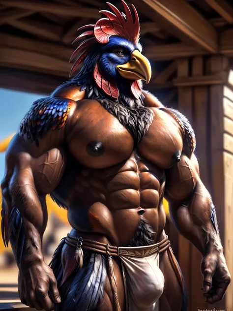 (((Shiny sunshine background))), (((shiny city dusk))), (((loincloth))), ((((shiny body)))), ((((detailed erect bulge)))), ((((detailed erect nipples)))), ((((detailed muscular face)))), (((huge muscular snoot))), (((((rooster))))), ((rooster comb)), ((roo...