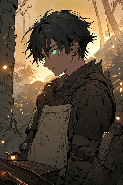 A young man, 18 years old, with jet-black hair streaked with a single white lock and piercing green eyes that glow with intensity. He wears a simple linen tunic, a worn leather blacksmith’s apron, and a self-forged metal bracer with crude yet meaningful en...