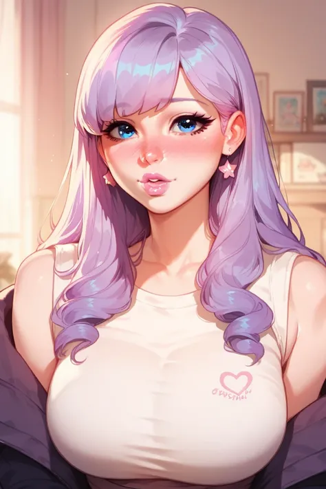 1girl, Solo, Long Hair, Bangs, pastel purple hair color, blue eyes, Large breasts, Nose Blush, pink lips, trans girl, cute clotches, cute make up