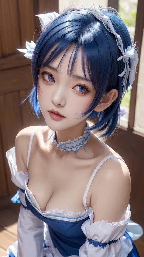 (masterpiece, best quality;1.3), ultra detailed, ooking at viewer, 
rem_re_zero, Facial close-up,blue hair, short hair, maid uniform, hair ornament, cleavage, maid headdress, detached sleeves, ribbon star-shaped pupils