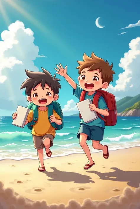 
ren with their notebooks and backpacks playing happily on the beach on the right side with space to place poster letters