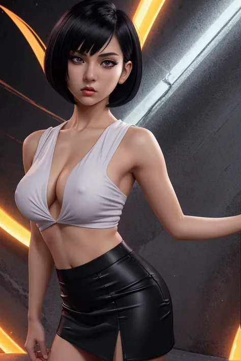 A beautiful young girl Dragonball style in a tight designer mini skirt, shoulderless designer shirt, tight, furious expression, black bob haircut, beautiful background, extremely detailed, anime, high quality, 8k, vivid colors, dramatic lighting, masterpie...