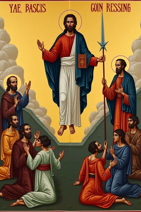 An Orthodox icon of Jesus on the day of judgment descending from the sky with a spear on his hand and the bible on the other and an authoritarian image on his face and on the earth humans of all races and religions prostrating to him and marry and John the...