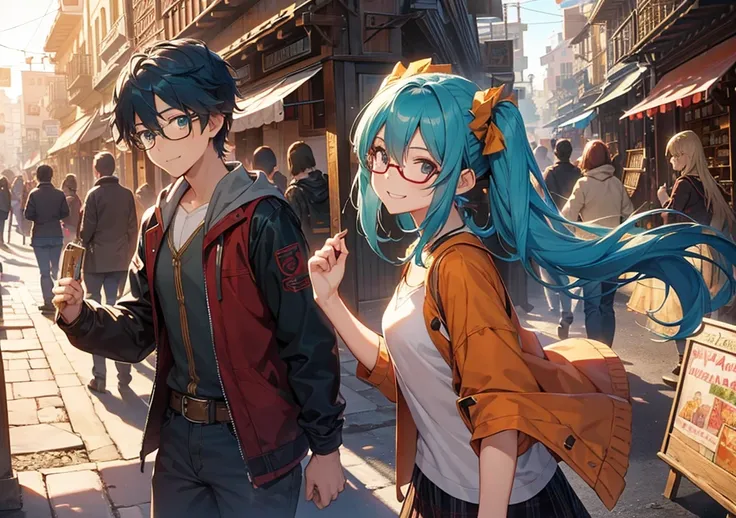 A radiant girl with a bright smile inspired by the uploaded image, leading her group of adventurers through a bustling marketplace in a "Trails"-inspired city. Her flowing teal hair is styled with a braid, and she is accompanied by a calm boy with dark blu...