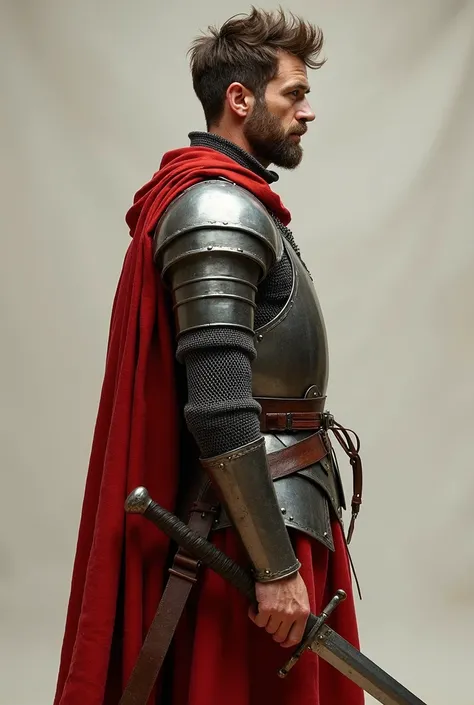 Brown Hair, Solo, Closed Mouth, From Side, man, medieval, metallic armor, red linen clothes, longsword seathed on hip, standing, hand on sword hilt, looking ahead, full body figure, short spiky hair, long sword on hip, subtle beard, chain mail armor