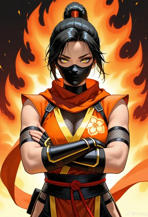 ( best quality )), ((  masterpiece )), (detailed),  man with black hair , yellow eyes, black mask with orange details ,  arms crossed , (Inspirado em um Fire Ninja), (fire powers), (Berserk art style:1.2), retrato em close, Fire Ninja (scorpion mortal komb...