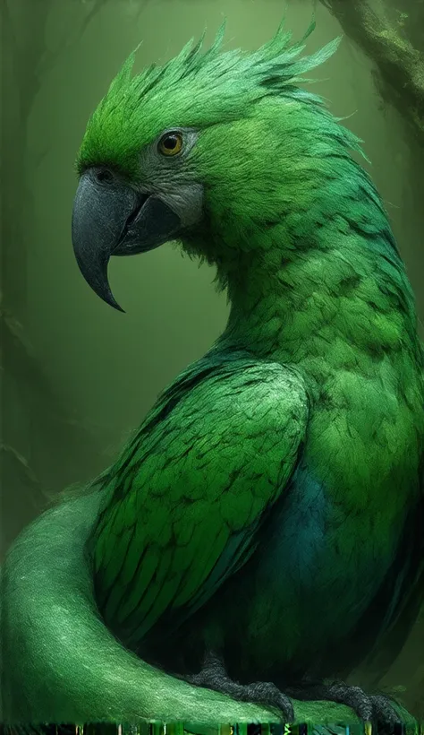 Create an image of a realistic being that has the body of a snake and the head of a parrot bird