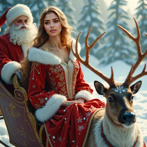 Beautiful woman in Christmas costume on the sleigh with Santa Claus