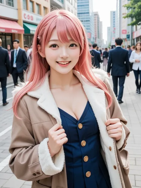 8k, real, realistic , Japanese, cute girl,Cute idol, high school girl, blazer, duffle coat , and a surprised smile,Conquest dating ,Natural, Straight Hair , bright pink hair color, red with inner color , cleavage,congestion,City.