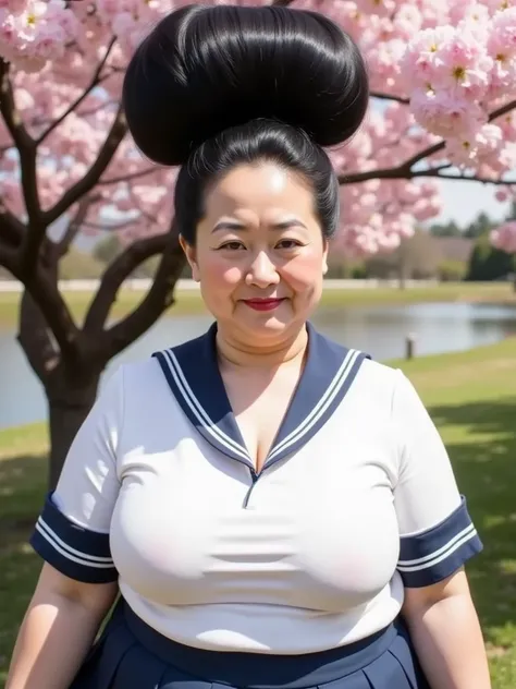 8k,Highest quality, masterpiece, Intricate details, 1 female, Middle-aged woman in her 50s, japanese,upper body, top of head,((jet Black Hair)) ,((An gigantic hair bun, A huge hair bun:1.５)), ((forehead:1.5)), ((fat body, Fat face, Saggy face, crows feet w...