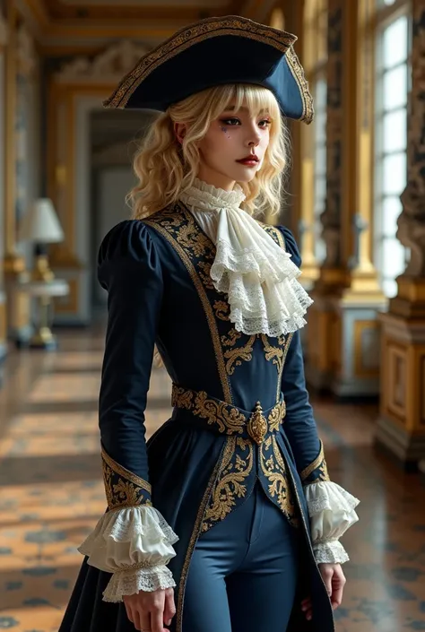 a woman with blonde curly hair and straight bangs, dressed in 1710s Mens versailles Mens Suit. A Historical rococo costume with a navy blue frock coat ,lace cuffs, big Lace ruffled Jabot Cravat , tricorn hat ,long haircut,blue knee length breeches, ballroo...