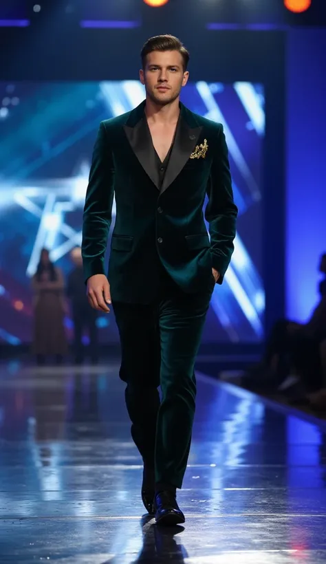 A charismatic performer in a dark green velvet suit strides across the Got Talent stage, exuding both elegance and mystery. Subtle gold accents on their attire shimmer under the stage lights.