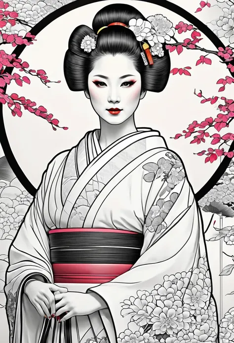 Adult coloring book, Japanese woman kimono geisha maiko((masterpiece, best quality, 4K)) Very clean line art, all without background, images created at 350 dpi dots per inch. Temple, ((masterpiece, best quality, 4K))