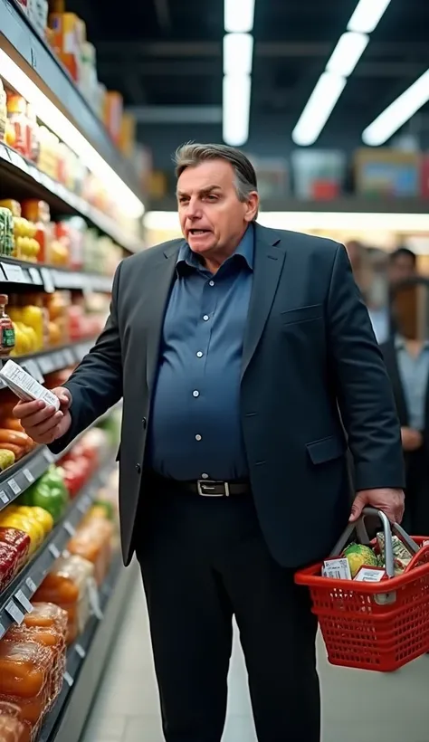 " Create a hyperrealistic image of Jair Bolsonaro ,  dressed in a well-fitting dark blue suit that highlights his large belly.  He is in a modern supermarket ,  surrounded by shelves filled with various products , like fruits,  vegetables and common grocer...