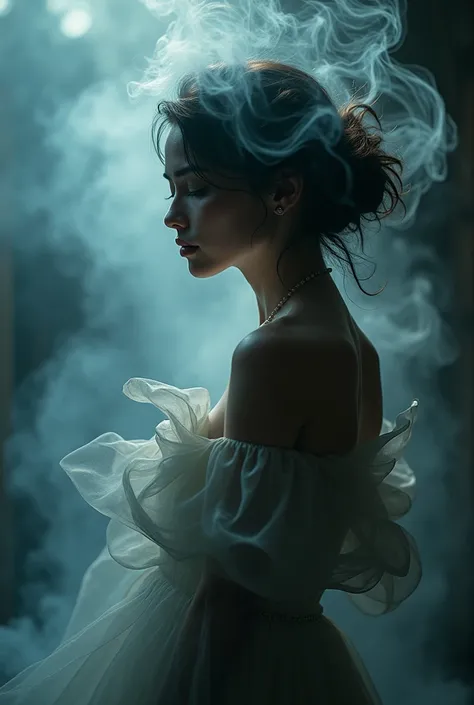  A portrait of a woman , smoke sculpture ,  fluid fabrics ,  delicate ink washes , artistic pose, clear and sharp, ,  movement and spontaneity captured,  chiaroscuro lighting,  cinematic , Dramatic, elegant, ethereal, Mystic,  dark fantasy, rich textures, ...