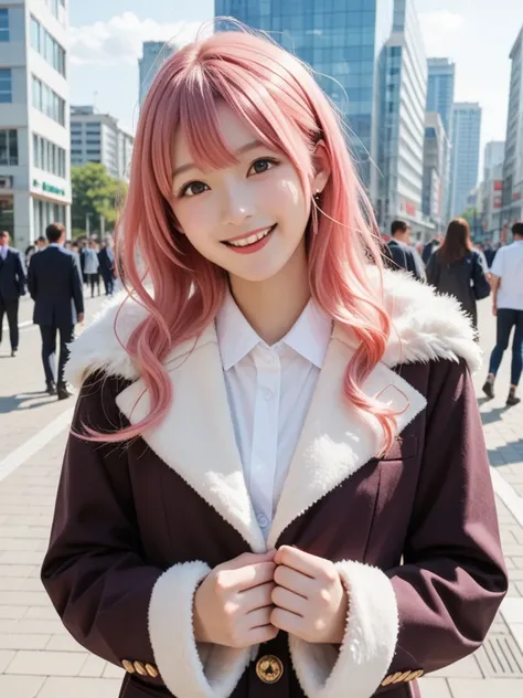 8k, real, realistic , Japanese, cute girl,Cute idol, high school girl, blazer, duffle coat , and a surprised smile,Conquest dating ,Natural, Straight Hair , bright pink hair color, red with inner color ,congestion,City.