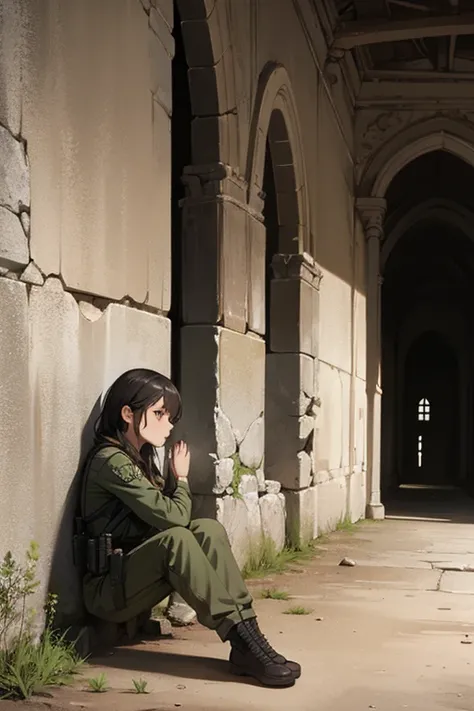 ruins, girl, kevlar, sitting on ground, near wall, holding rifle, looking at photographer