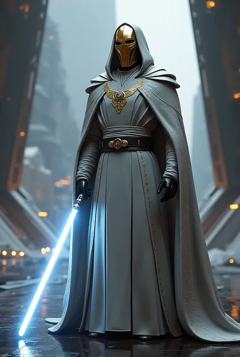 star wars emperor dressed in silver, with a gold Mask on the face and a white light saber colored in white