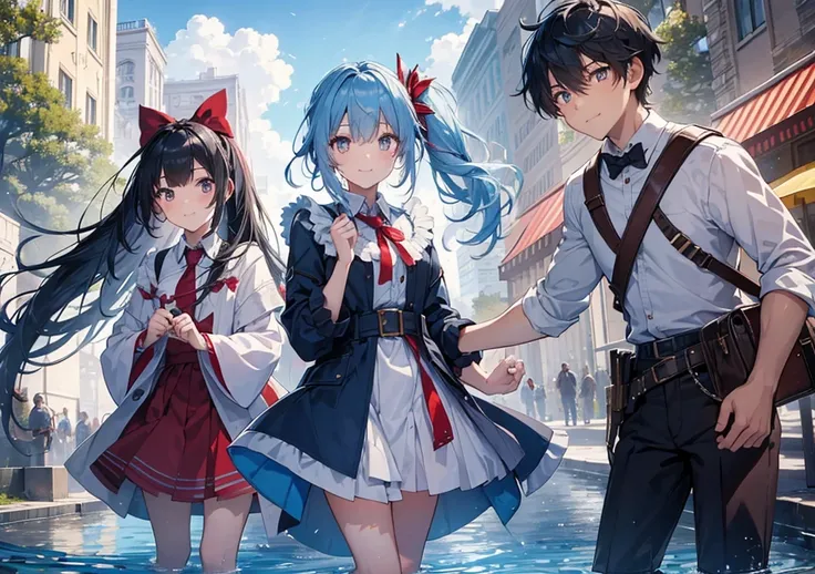 A beautiful girl with facial features like the uploaded image, standing in front of a grand fountain with her team in a "Trails"-style city. Her sky-blue hair is tied into a side ponytail with a ribbon. Her party includes a brave boy with spiky red hair wi...