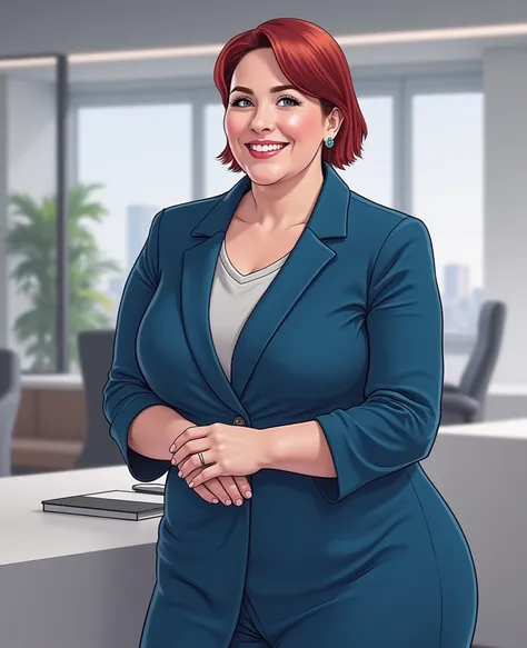 An adult fat woman with short red hair is standing in the office. She is wearing a blue dress. smiles. 

 Image style - Marvel Comics 