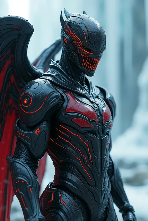 breathtaking cinematic science fiction photo of a portrait of a non human masked Grim dressed as a iced out venom with metal wings knight in black and red metalskin, body full glowing metrics inside, glowing multicoloured eyes, multifaceted eyes, metallic ...