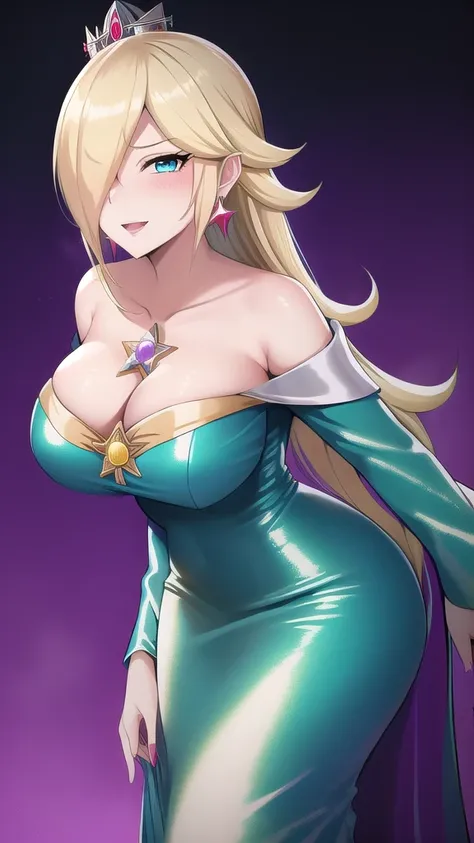   erotic 、Rosalina、 blonde twin tail voluminous、Big Breasts, Alone,turquoise blue sequin long dress, Purple Wicked Background 、  top quality,  detailed face ,  detailed eyes on board,  high definition ,、 Evil Evil Female Executive、Glare、smile、Contempt、Disg...