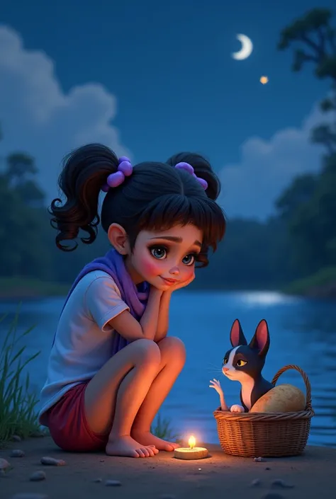 Inspired by the posters in the movies in the 3D characters of Disney Pixar of high quality in high resolution create the image of an  girl, light brunette, with curly hair tied in two ponytails with a red ribbon, wearing a lilac scarf around her neck to pr...