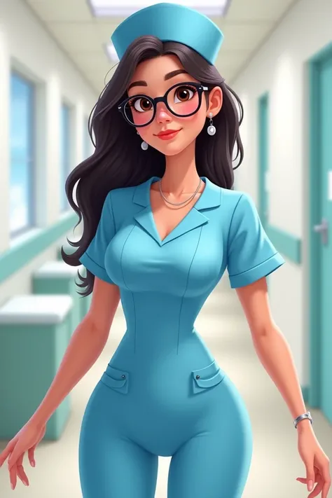 Pixar-style post of a 20-year-old nurse with brown eyes, large breasts with glasses and black hair 