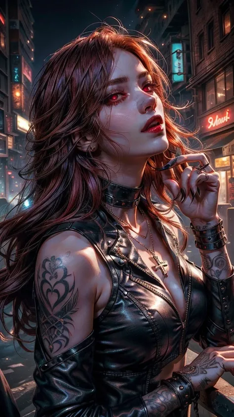 Highly detailed, realistic, cinematic. A seductive female vampire with vibrant red hair that transitions to pink cascading over her shoulders and glowing red eyes, adorned with intricate tattoos across her neck, shoulders, and arms. Her expression is confi...