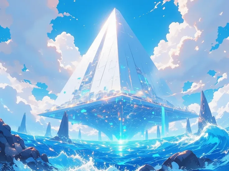  High resolution ,  masterpiece,  The best quality , Premiado muchas veces,  tall details, Huge white pyramid floating on top of a sparkling ocean with bright blue magic around it