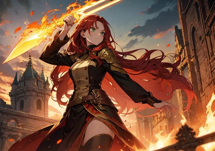 A beautiful girl with long, fiery red hair flowing gracefully, her determined green eyes glowing in the heat of battle. She wields a large sword with intricate patterns, standing against a backdrop of a crumbling castle engulfed in flames. Her combat stanc...