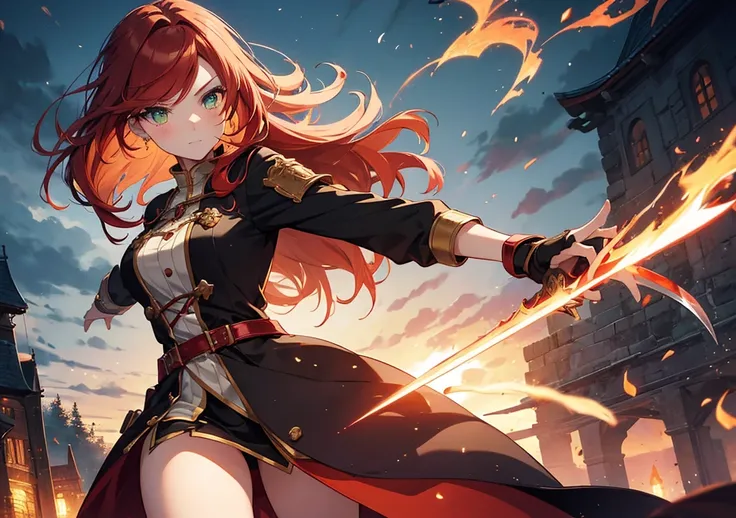 A cute anime-style girl with long, flowing fiery red hair, her sparkling green eyes full of determination. She wields a large, intricately designed sword, her expression brimming with courage. A crumbling castle engulfed in flames serves as the dramatic ba...