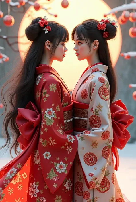 In 3D

Make two Japanese women ,  one with long brown hair and the other with long black hair wearing the two Christmas kimonos 