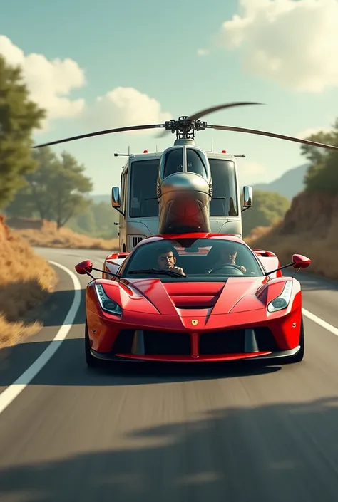  Ferrari car driving a small van with.a helicopter on top  