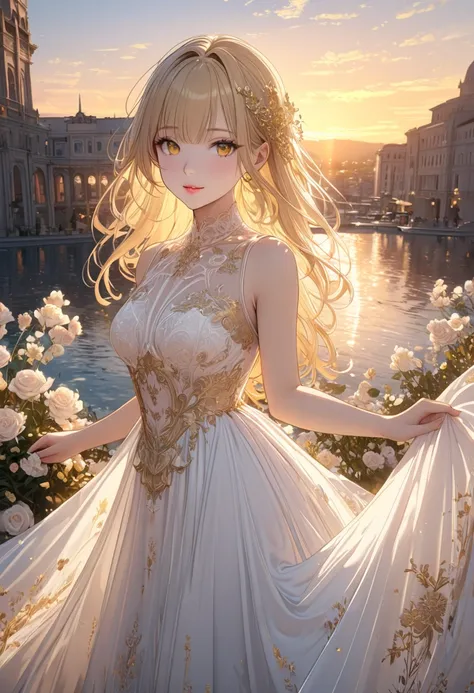 (masterpiece,   top quality,    high definition  , 8k,   super detailed),  ( perfect anatomy:1.5,  1 Woman  ),   cute face,   blonde hair  ,   Yellow Eyes ,  pink lips, (  long dress with slightly transparent hem,    delicate accessory    ,  White dress wi...