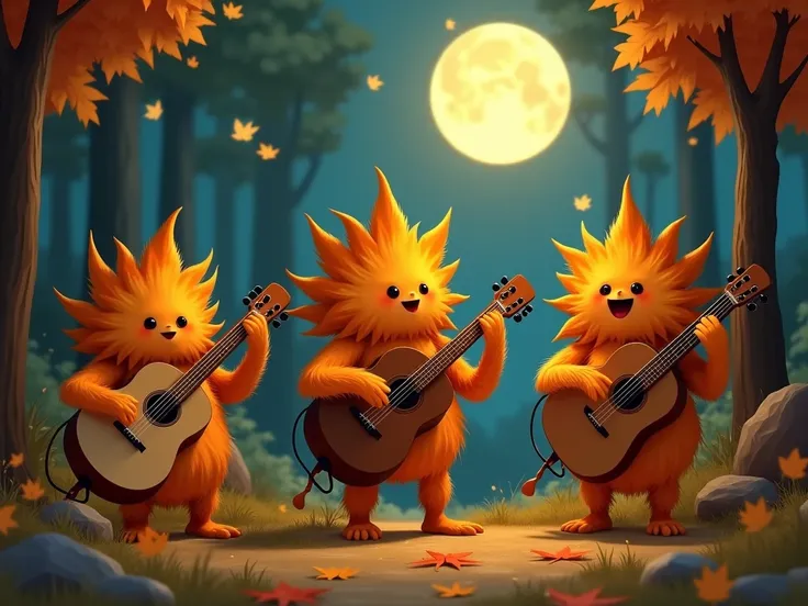  A 2D animation of a folk music band composed of anthropomorphic autumn leaves,  each playing traditional bluegrass instruments ,  in a rustic forest setting dotted with the soft light of the full Moon . --s 1000 --c 100 