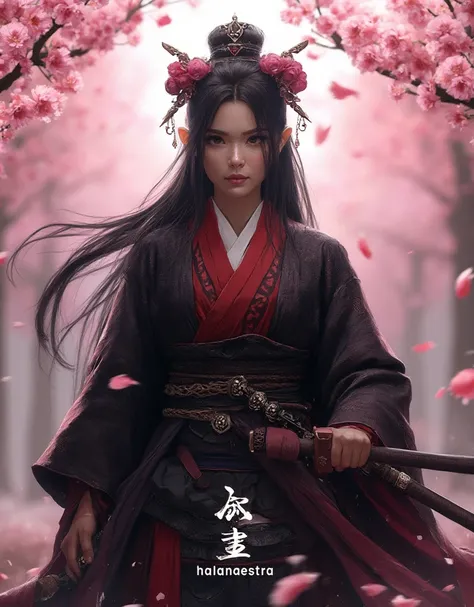 Image is a highly detailed digital artwork featuring a female warrior in a traditional Japanese samurai outfit. She stands confidently amidst a backdrop of blooming cherry blossom trees, their pink petals creating a serene and picturesque setting. The warr...