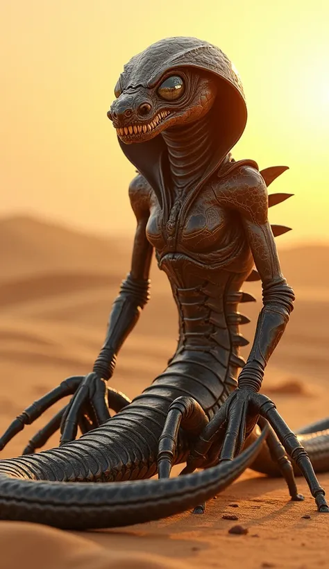 A realistic hybrid creature combining the features of a scorpion and a cobra snake, set against the same sandy desert terrain under a golden sunset. The hybrid has the segmented, armored body and pincers of a scorpion, fused with the elongated, hooded uppe...