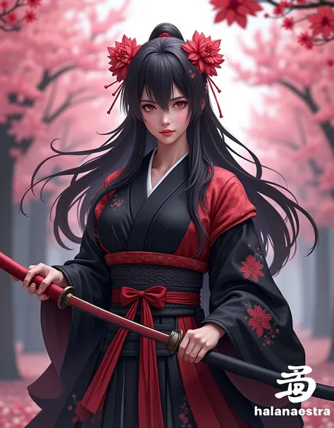 Image is a highly detailed digital artwork featuring a female warrior in a traditional Japanese samurai outfit. She stands confidently amidst a backdrop of blooming cherry blossom trees, their pink petals creating a serene and picturesque setting. The warr...