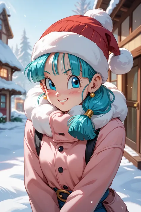 Bulla from Dragon ball GT, winter, shy smile.