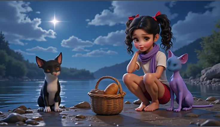 Inspired by the posters in the movies in the 3D characters of Disney Pixar of high quality in high resolution create the image of an girl, light brunette, with curly hair tied in two ponytails with a red ribbon, wearing a lilac scarf around her neck to pro...