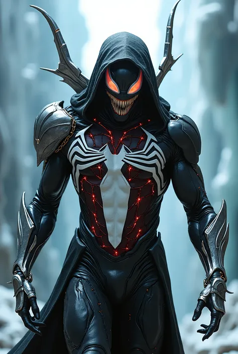 breathtaking cinematic science fiction photo of a portrait of a non human masked Grim dressed as venom with metal wings and chains around his neck in black, white and red metalskin, body full glowing metrics inside, glowing multicoloured eyes, multifaceted...