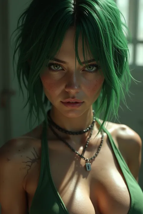 (Carnage), (ultra real), (figure), (High resolution), (8K), (very detailed), (Best figure), (detailed and beautiful eyes), (highest quality), (Super detailed), (masterpiece), (wallpaper), Generate a highly realistic image of Lara kroft, green hair, short h...